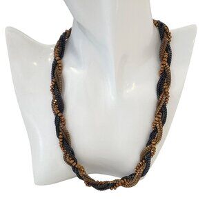 Braided Black & Bronze Multi-Strand Necklace With Textured Beads & Adjustable Ch